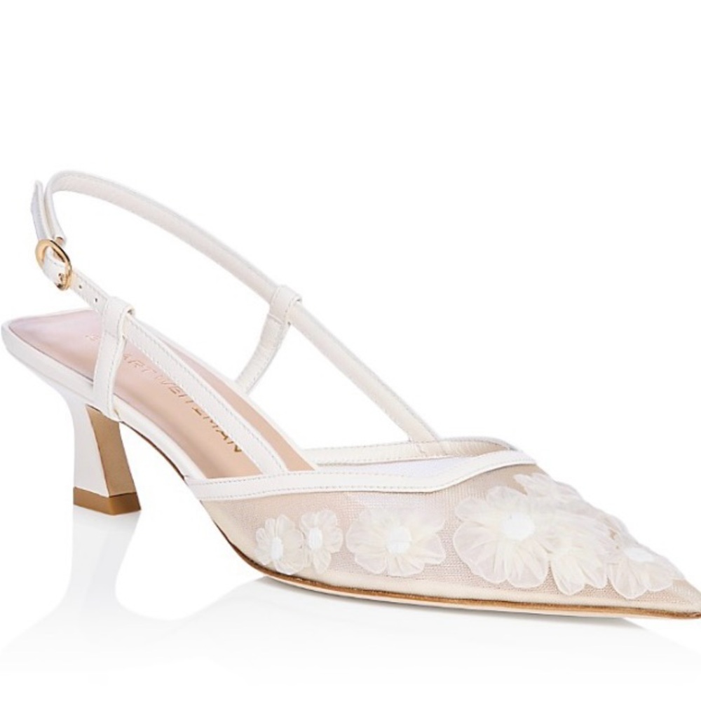 ISO Stuart Weitzman Vinnie 50 Slingback Pumps in Cream / White Floral Mesh